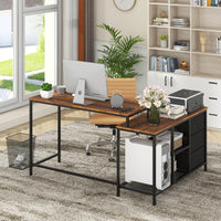 Giantex L-Shaped Computer Desk with Power Outlet, Convertible Corner Desk with 3 Fabric Drawers & Metal Mesh Shelves