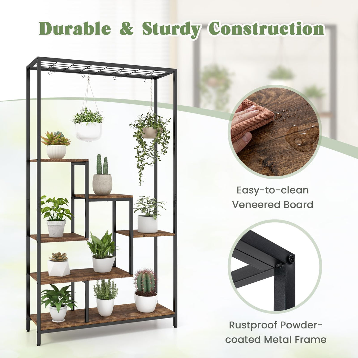 6-tier Tall Plant Stand, 180 CM Metal Indoor Plant Shelf w/ 10 Hanging Hooks & Wire Shelf for Multiple Plants