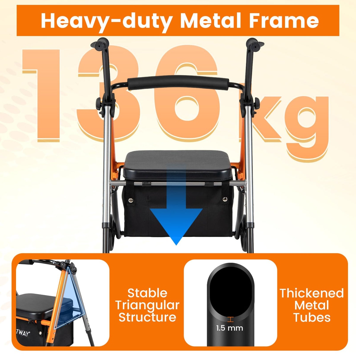 Folding Lightweight Rollator Walker with Backrest and Adjustable Height 136 KG Capacity