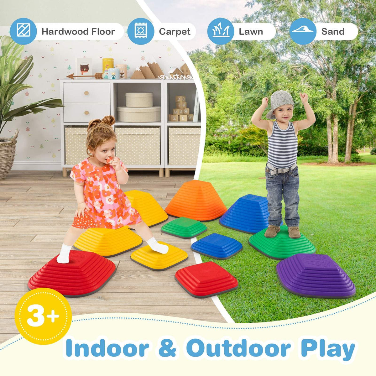 11 Pieces Stepping Stone with Full Non-Slip Rim for Kids