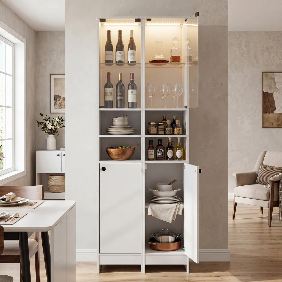 Tall Bathroom Cabinet with Lights & Press-to-Open Door