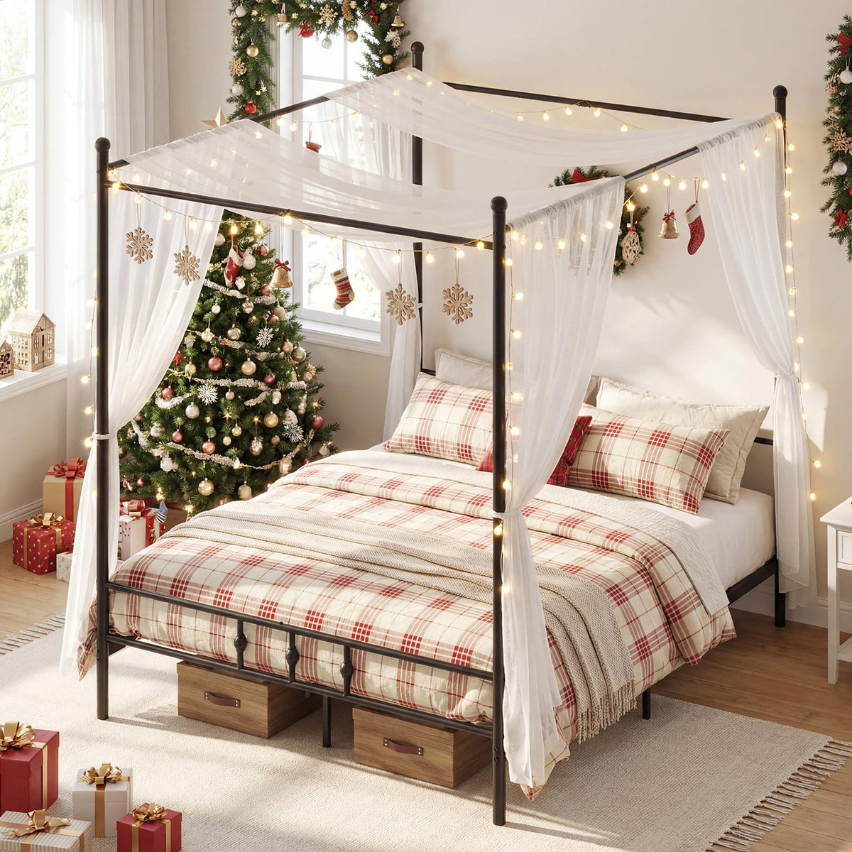 Canopy Bed Frame Modern 4-Poster Platform Bed with Headboard and Under-bed Storage