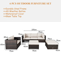 6 Pieces Patio Rattan Sectional Furniture Set, Outdoor Wicker Conversation Set with Glass Coffee Table Sofa Ottoman