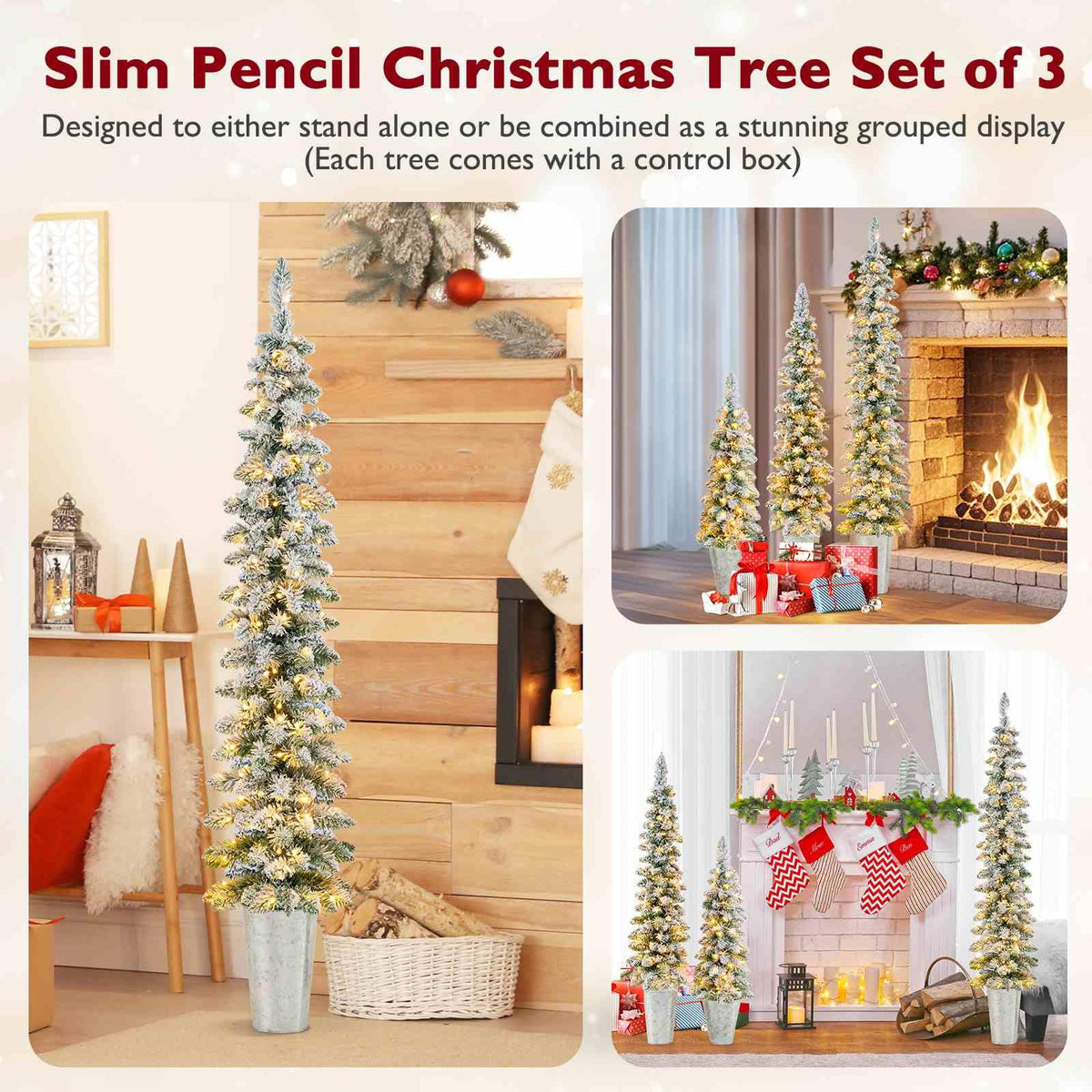 Set of 3 Snow-Flocked Christmas Tree with Silver Metal Buckets for Decoration