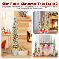 Set of 3 Snow-Flocked Christmas Tree with Silver Metal Buckets for Decoration