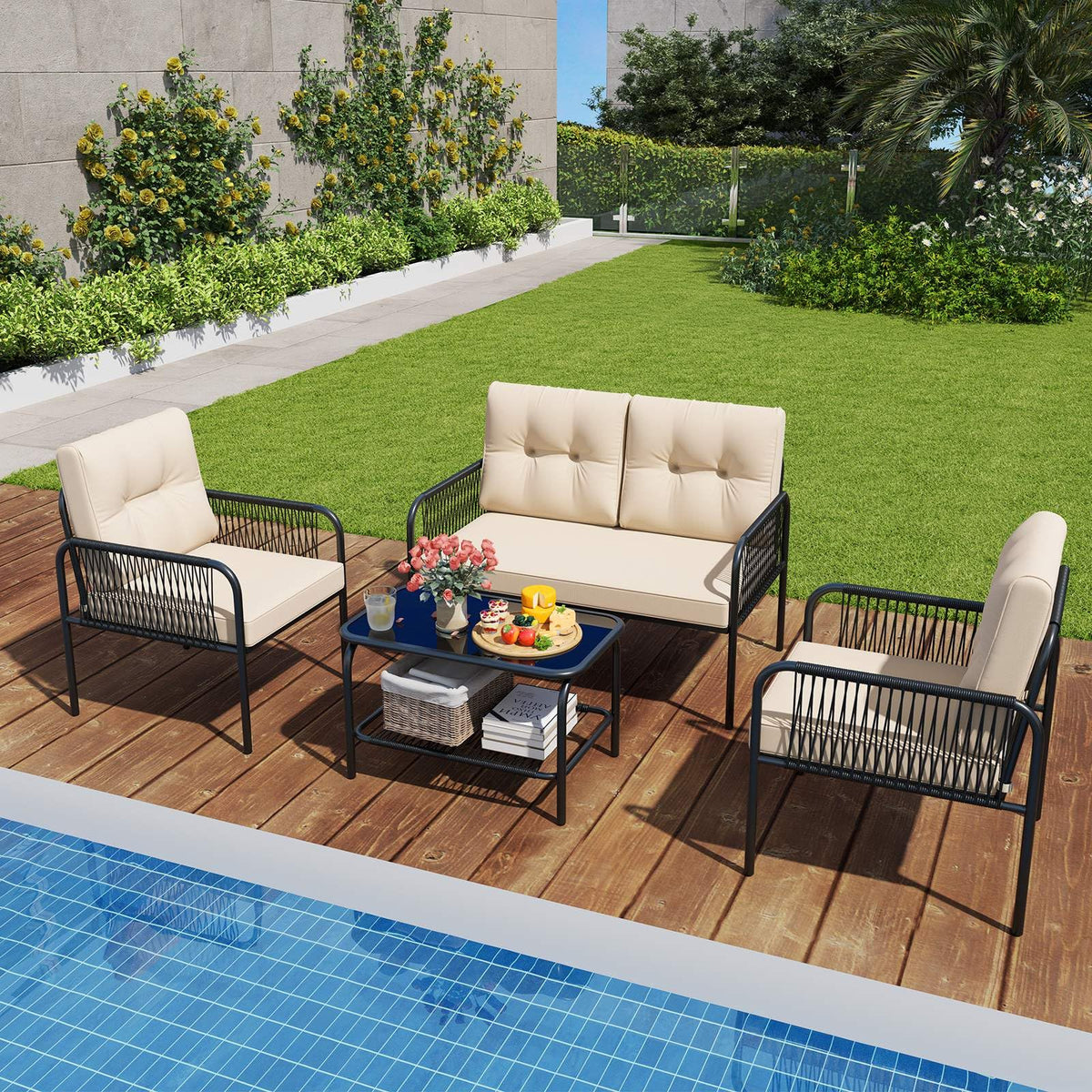 4 Pieces Patio Furniture Set, PE Rattan Sofa Chairs