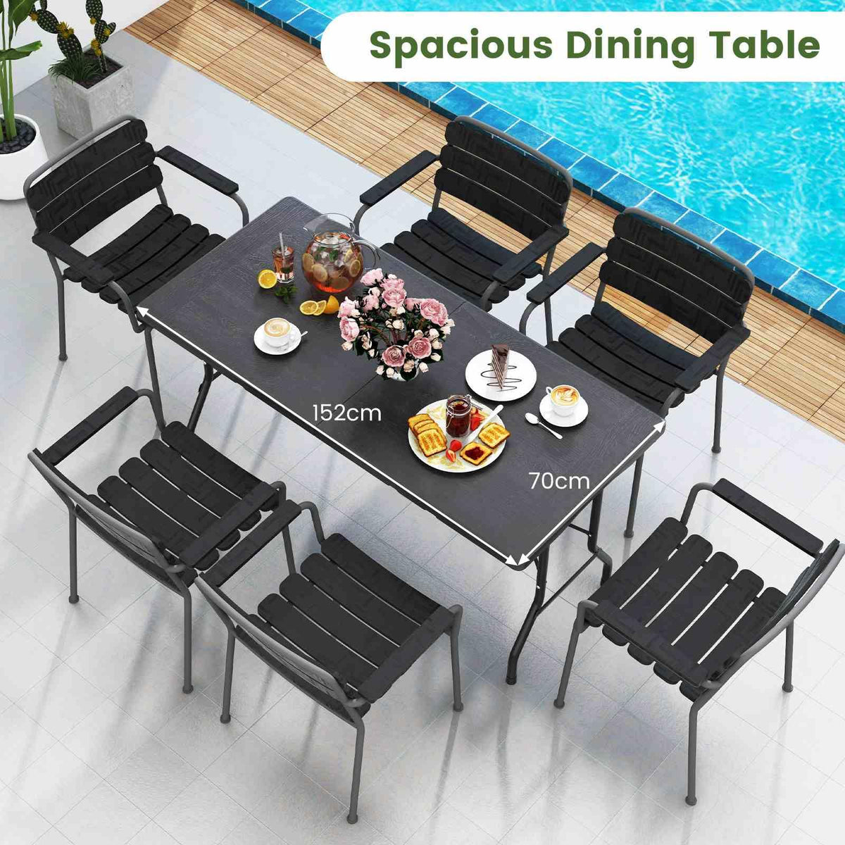 1.5m Folding Picnic Table, Outdoor Dining Table w/Wood Grain HDPE Tabletop