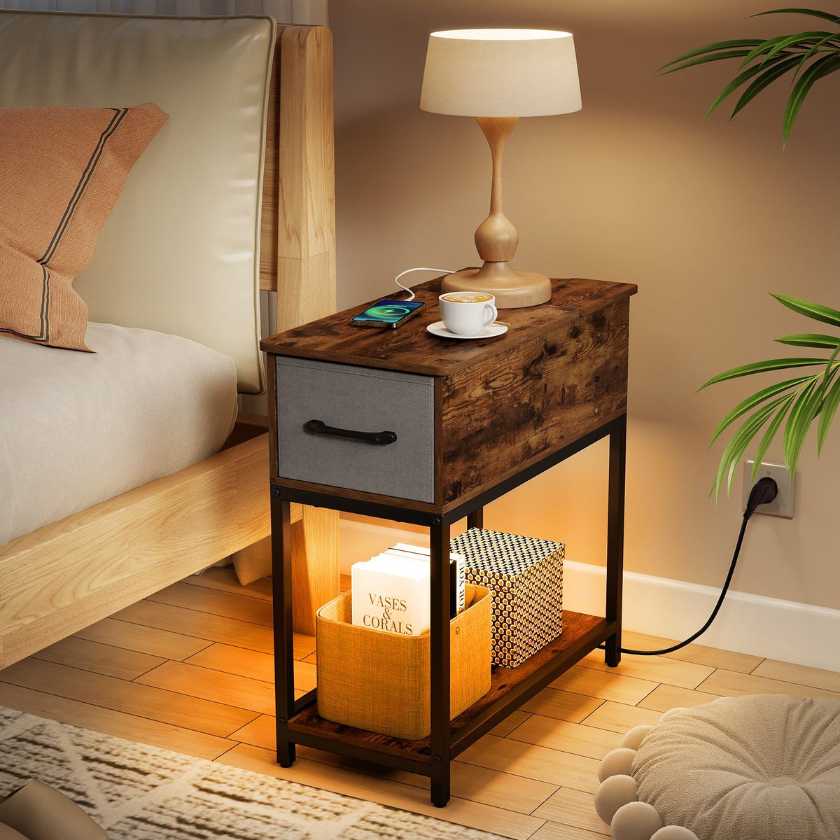 Narrow Side Table with Charging Station and LED Lights for Small Spaces and Living Room