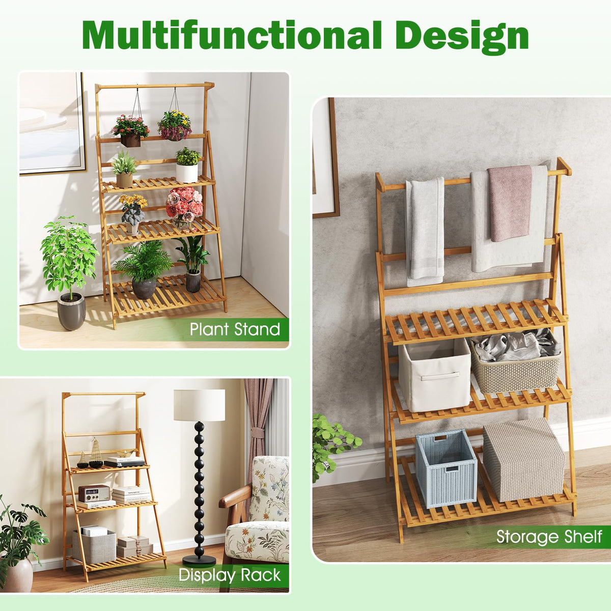3 Tier Bamboo Ladder Plant Pot Stand with Height Adjustable Hanger Rod