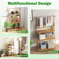 3 Tier Bamboo Ladder Plant Pot Stand with Height Adjustable Hanger Rod