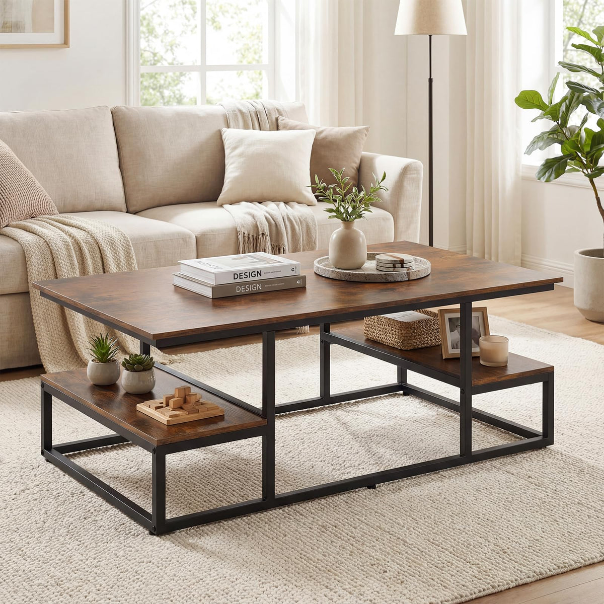 Rectangle Center Table with Open Shelves and Metal Frame for Living Room