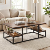Rectangle Center Table with Open Shelves and Metal Frame for Living Room