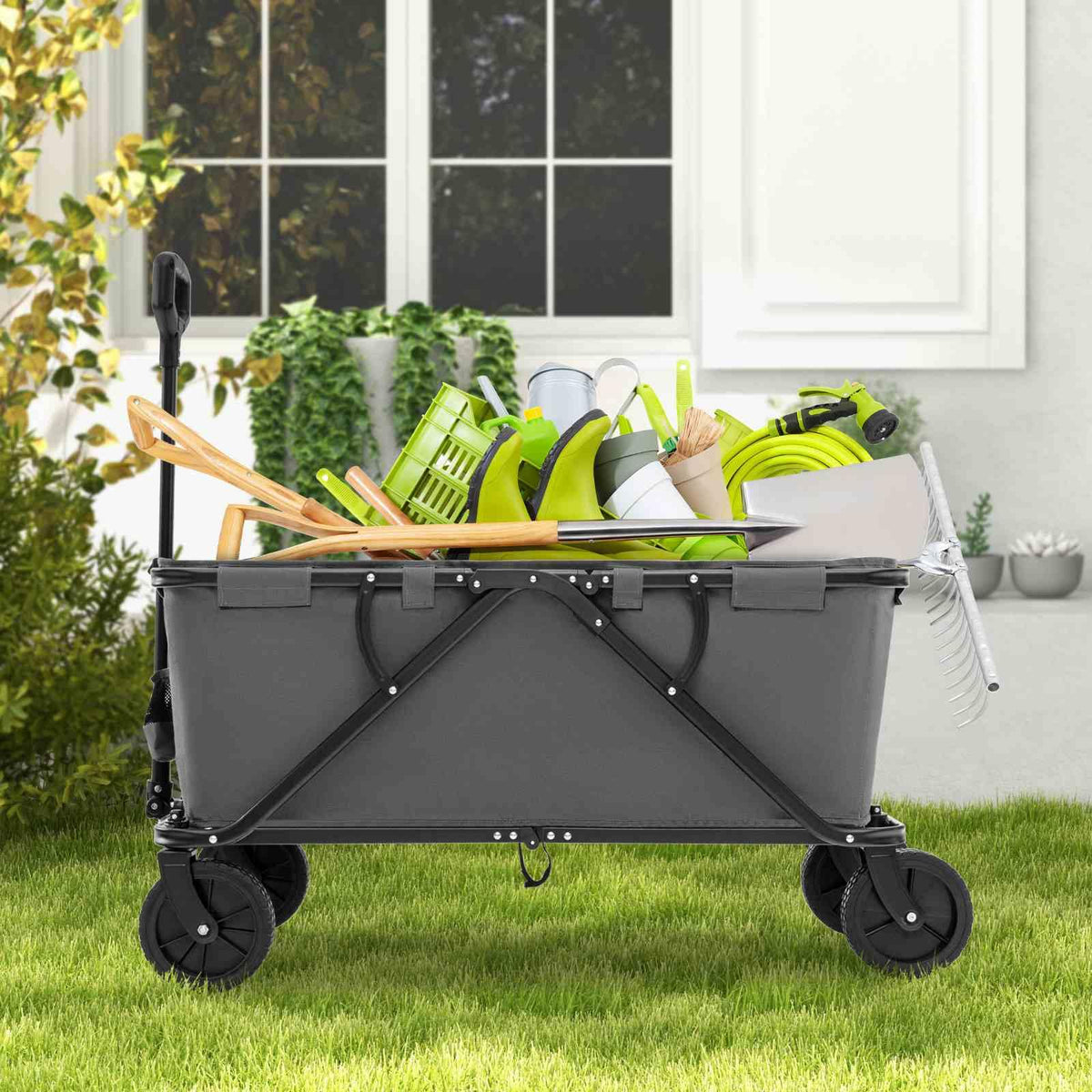 Heavy-Duty Wagon Cart with Adjustable Handlebar and Storage Pocket