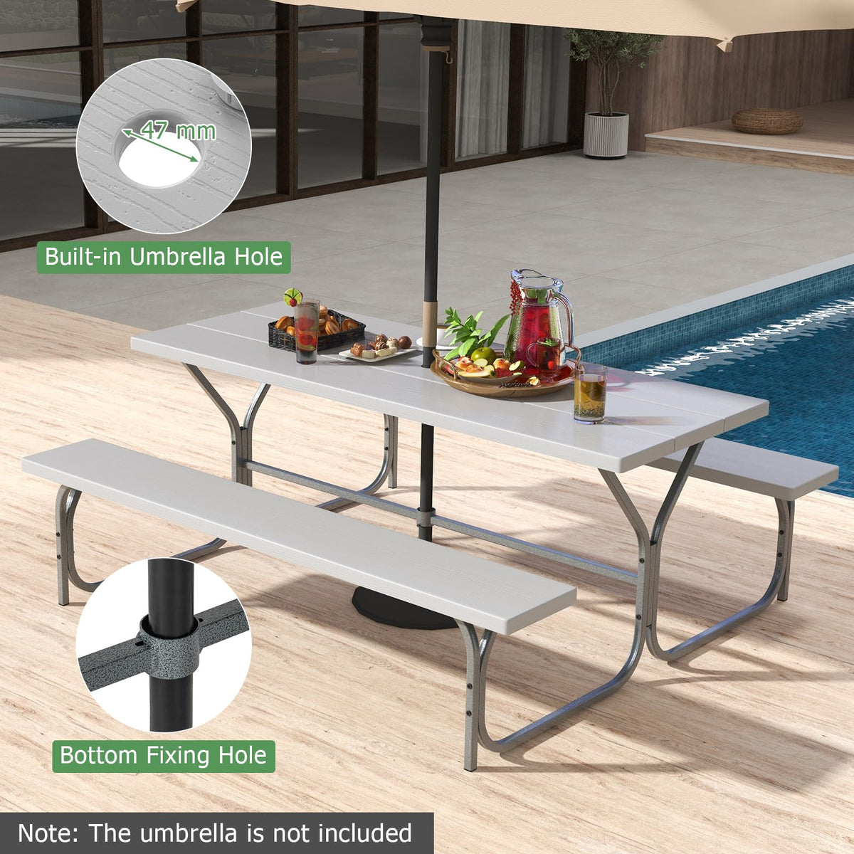 Outdoor Picnic Table Bench Set with HDPE Tabletop and Umbrella Hole