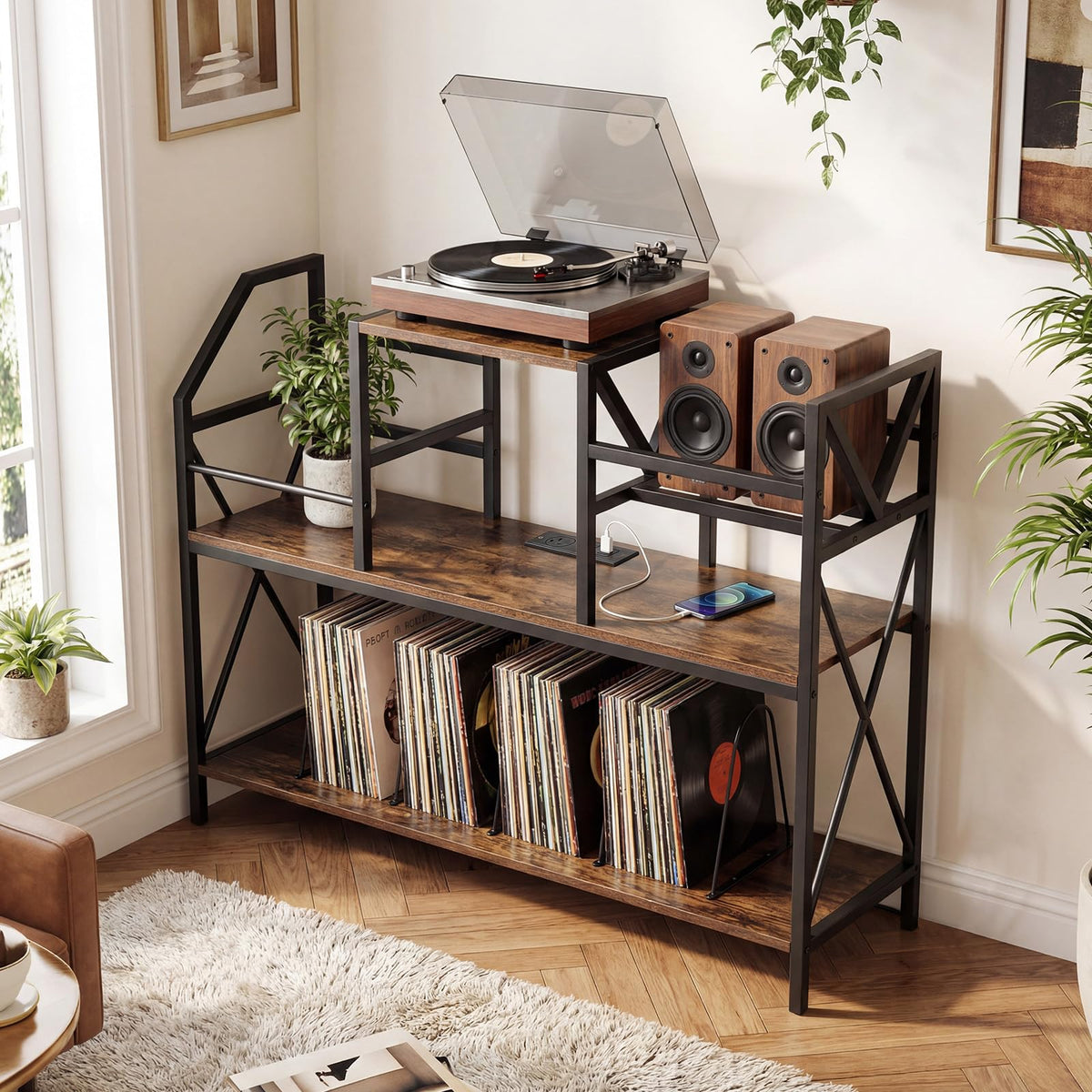 Record Player Stand with Vinyl Storage and Power Outlets for Albums