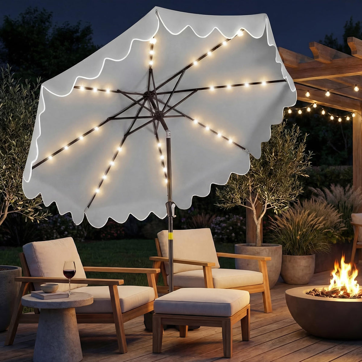 2.7M Patio Umbrella with 32 Solar LED Lights Weighted Base and Sandbags