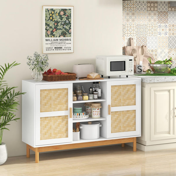 Giantex 120cm Sideboard Buffet Cabinet, Floor Storage Cabinet with 2 Bamboo Woven Doors