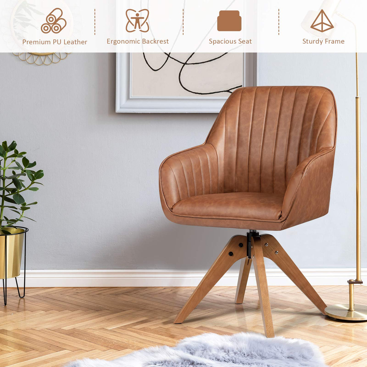 360° Swivel Accent Chair, Upholstered Armchair w/High-Density Sponge, Solid Wood Legs, PU Leather, Brown