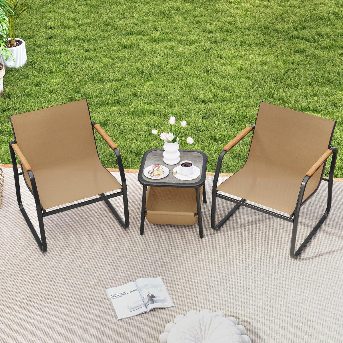 3-Piece Bistro Set, Patio Chairs & Side Table w/Storage Basket, Breathable Mesh Fabric