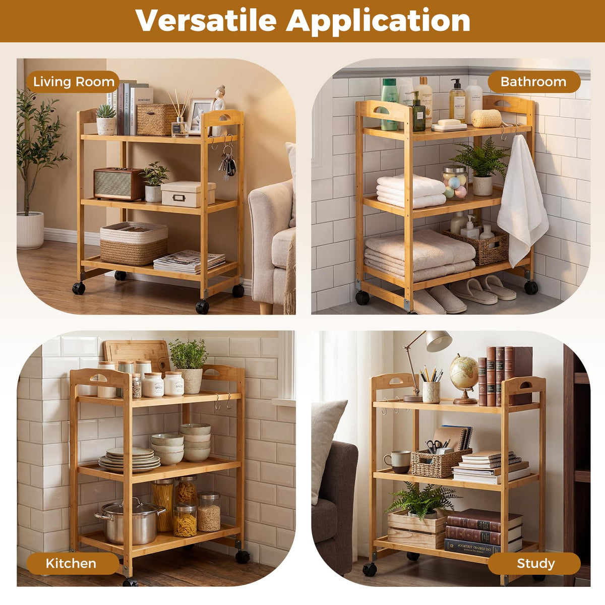 Giantex 3-Tier Storage Rolling Cart, Bamboo Utility Cart