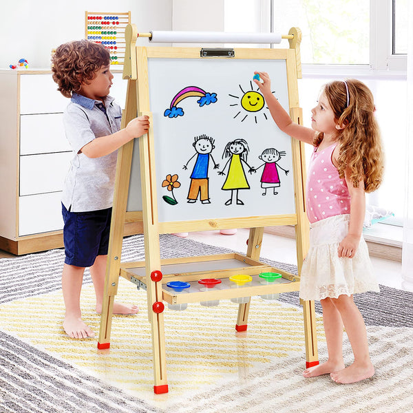 Kids Art Easel, Wooden Foldable Double-Sided Chalkboard Whiteboard w/Board Eraser, Paint Cups, Letter and Number