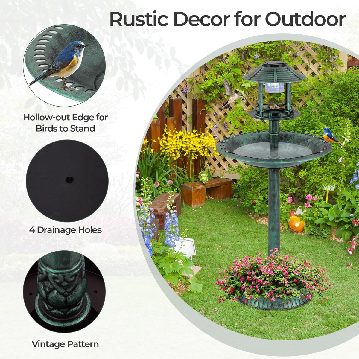 3-in-1 Outdoor Solar Lighted Bird Bath with Flower Planter Base