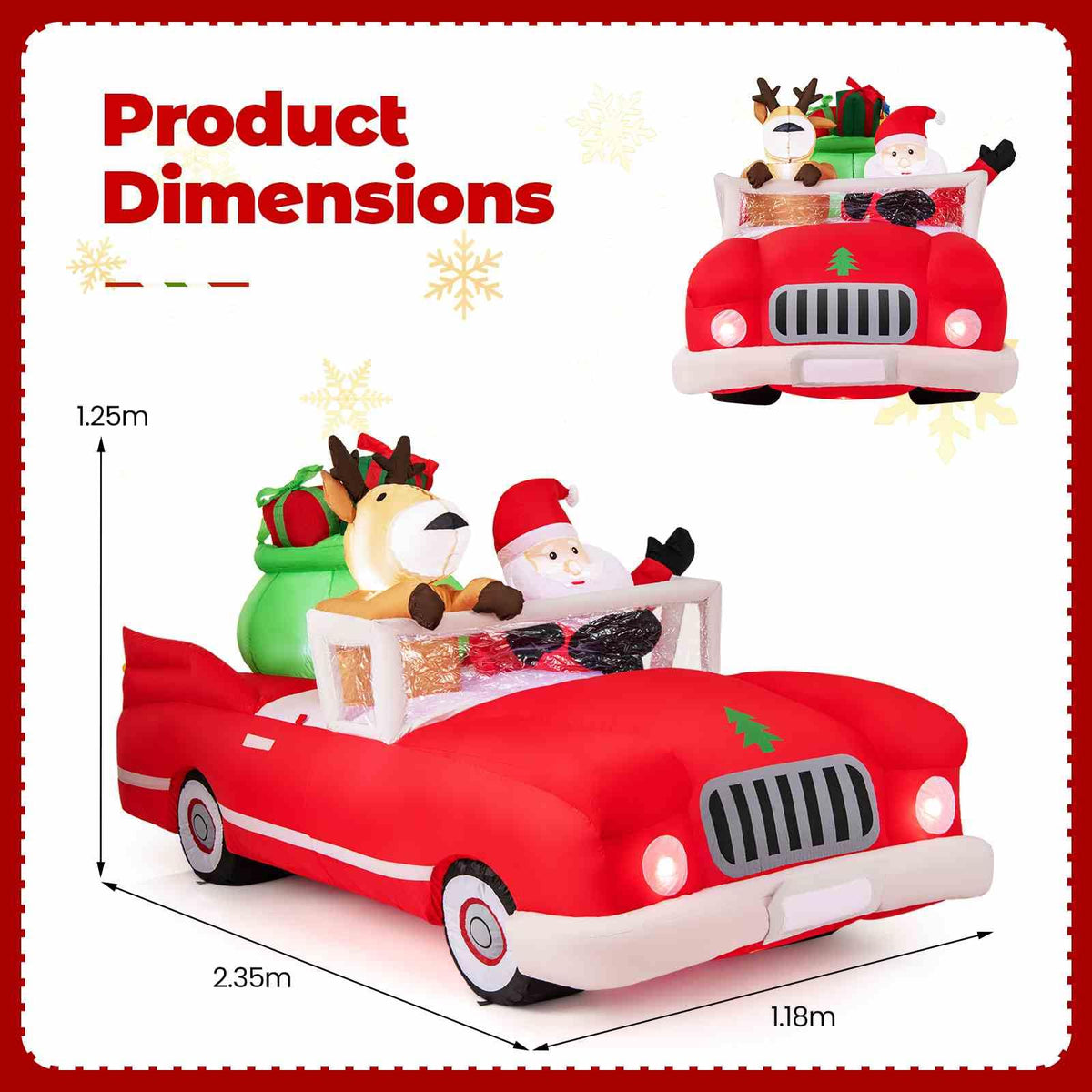 2.35M Long Christmas Inflatable Santa Claus and Reindeer Riding Red Car with Gift Bag