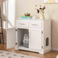 Cat Litter Box Enclosure, Hidden Cat Washroom Side Cabinet Wooden Pet House w/ 2 Drawers