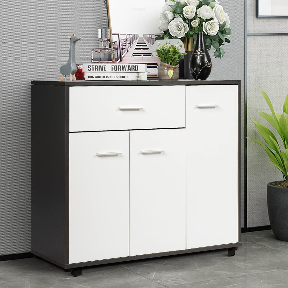 Kitchen Cabinet W/Drawer & 4 Adjustable Shelves, Multifunctional Wood ...