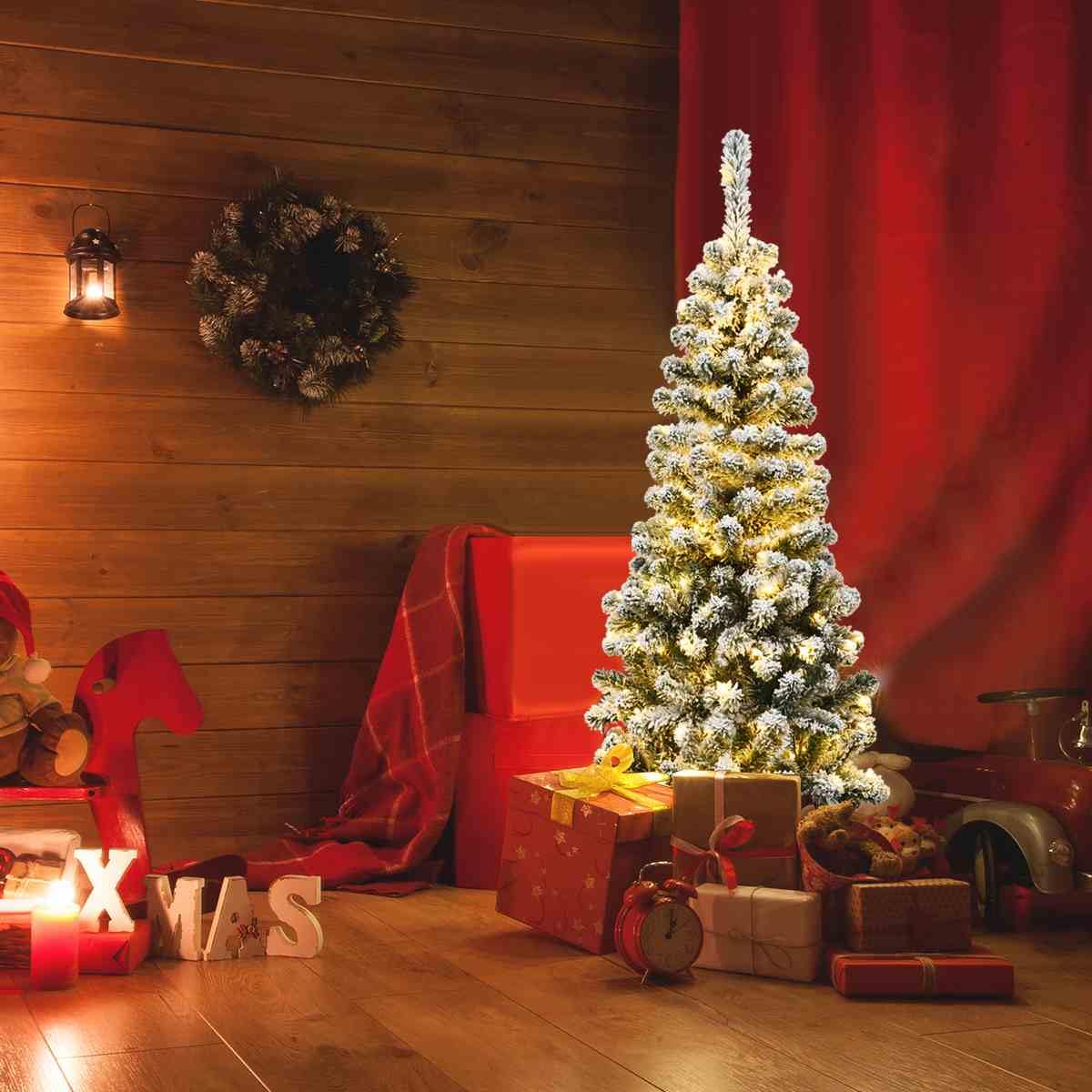 1.4/1.8/2.27M Snow Flocked Prelit Christmas Tree with LED Lights