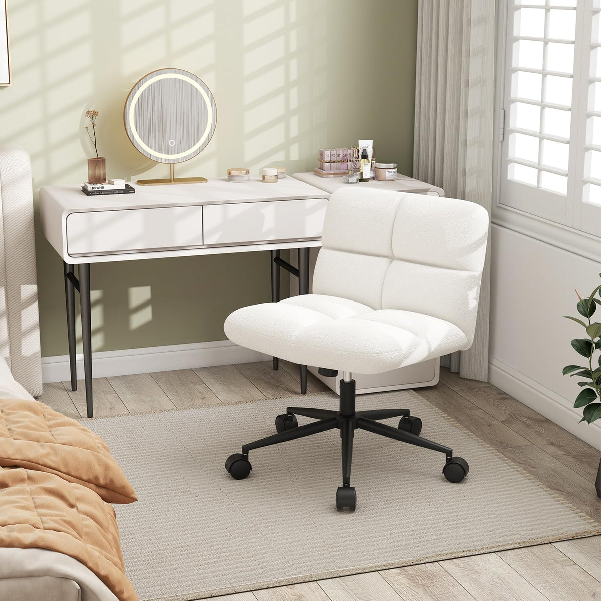 Giantex Cross Legged Chair with Wheels, Upholstered Home Office Chair