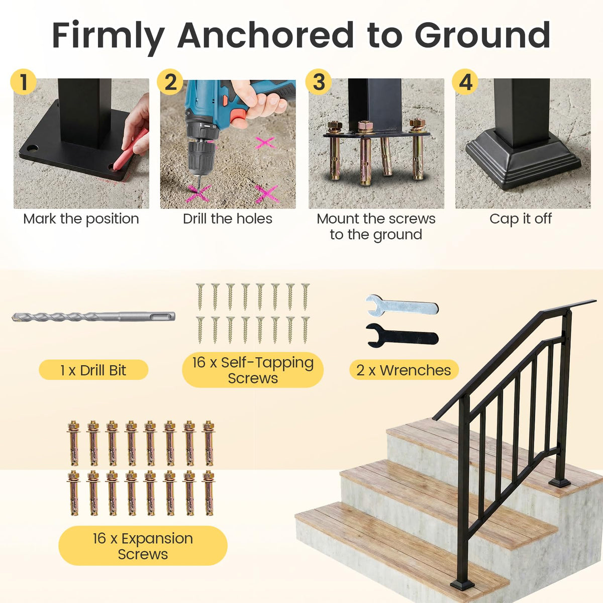 2 Pack Handrails for Outdoor Steps, 3-Step Galvanized Metal Hand Rails