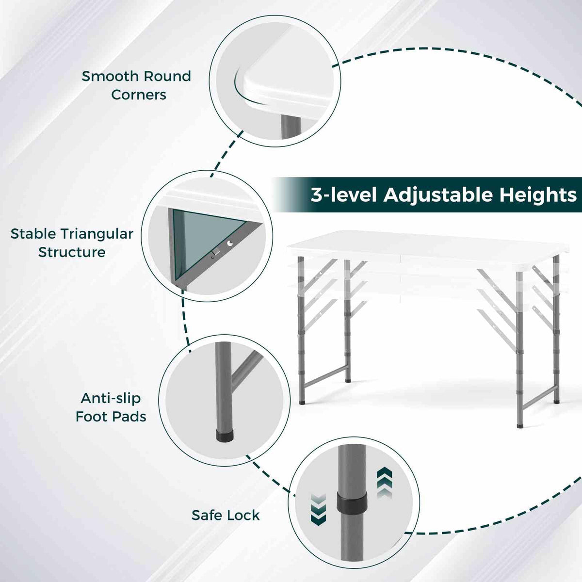 122cm Portable Camping Adjustable Fold-in-Half Table with HDPE Tabletop