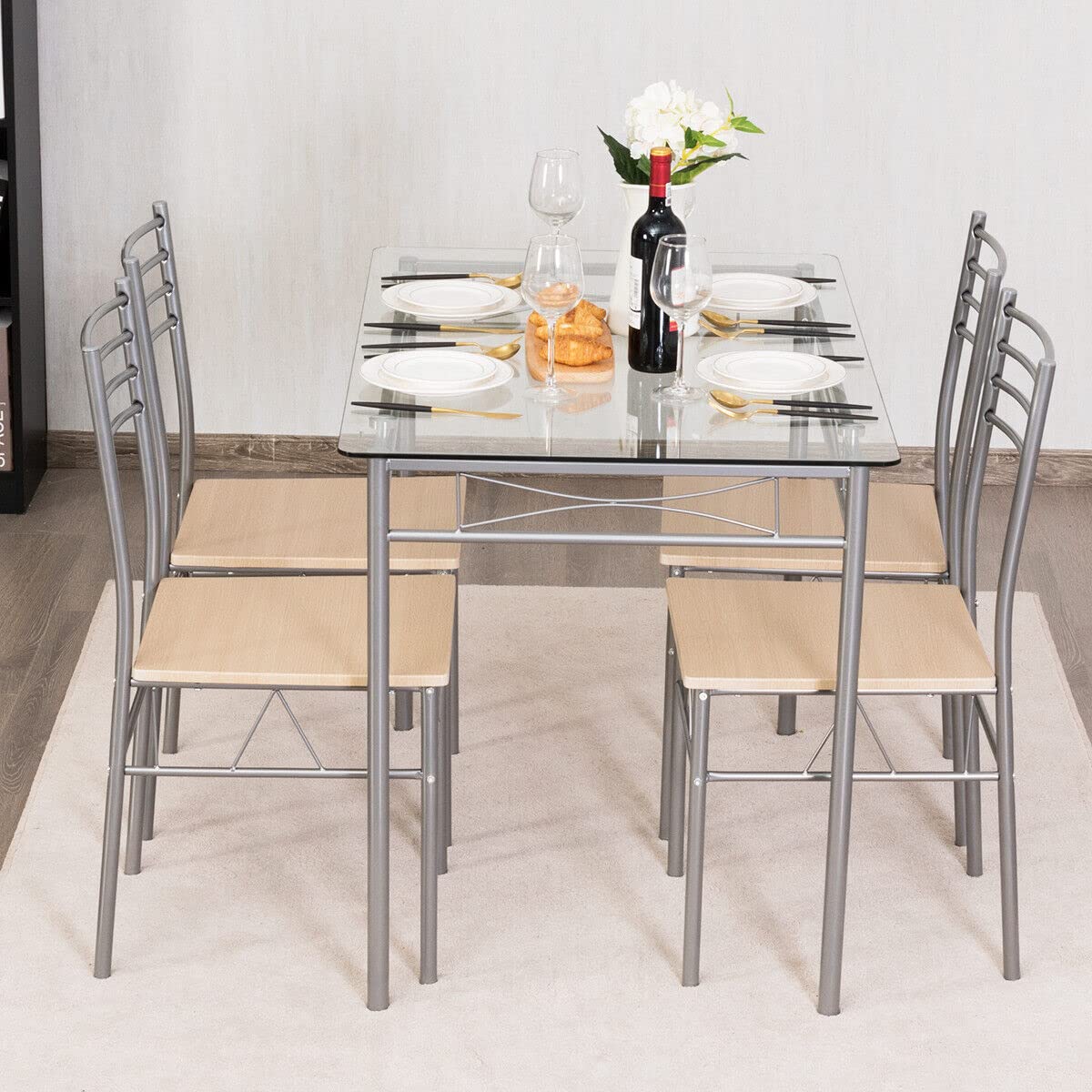 Giantex 5-Piece Kitchen Table Set, Dining Table with 4 High Back Chairs, Rectangular Table and Chairs Set for Dining Room