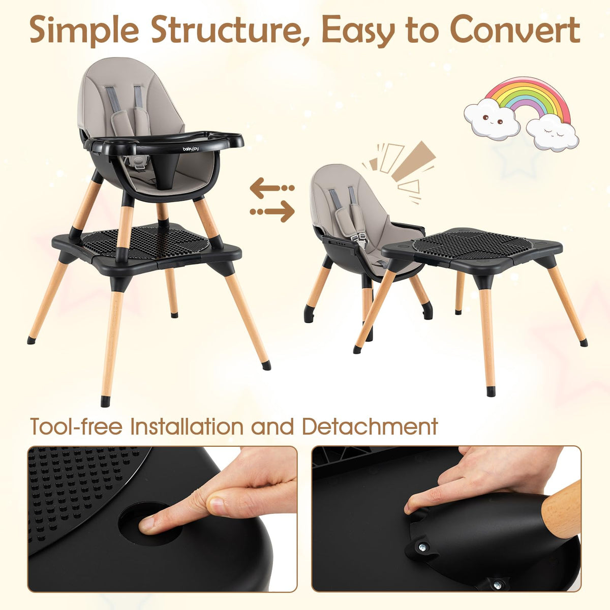 Convertible Table Chair Set w/Building Block Table, Safety Harness, Removable Tray