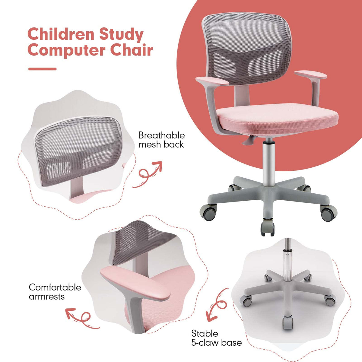 Height Adjustable Children Study Chair for Boys Girls Age 3-10