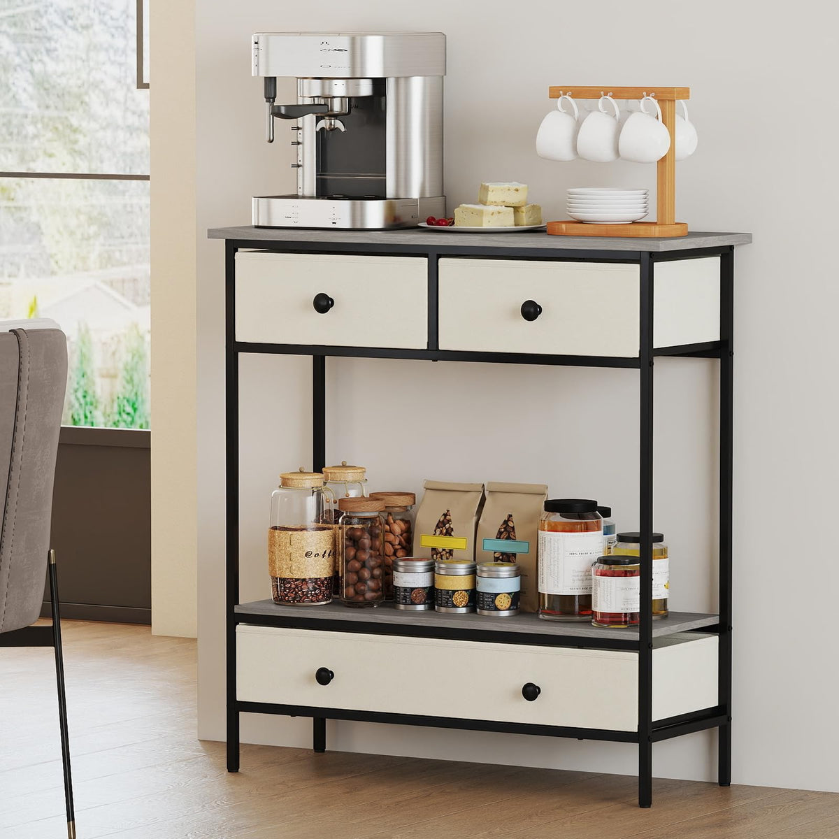 Console Table with Drawers Industrial Entryway Table with Open Storage Shelf