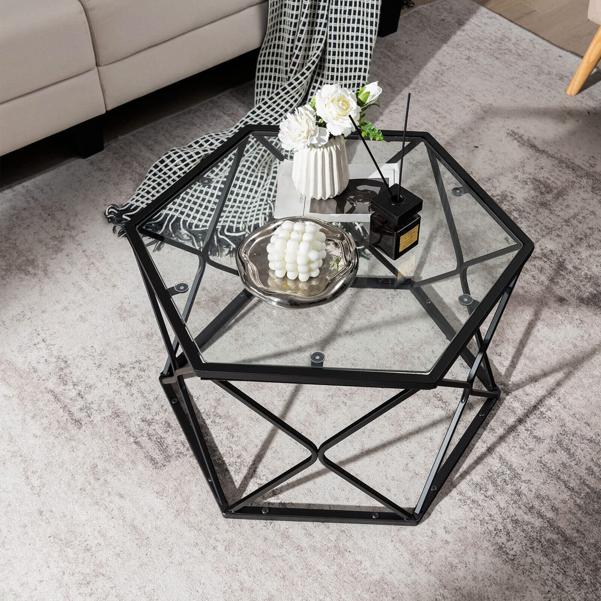 Giantex Geometric Glass Coffee Table, Hexagonal Central Table w/Tempered Glass Top & Metal Frame