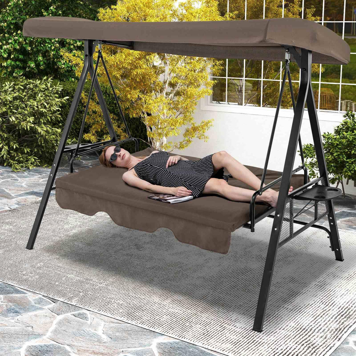 2-in-1 Patio Convertible Swing Chair to Flat Bed