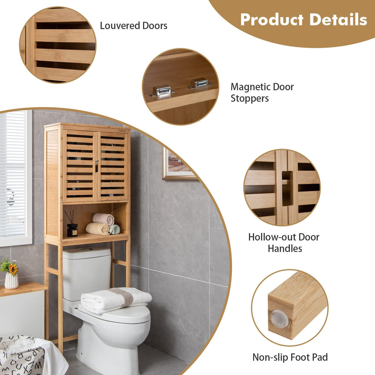 Bamboo Over The Toilet Storage Cabinet Bathroom Spacesaver w/Adjustable Shelf