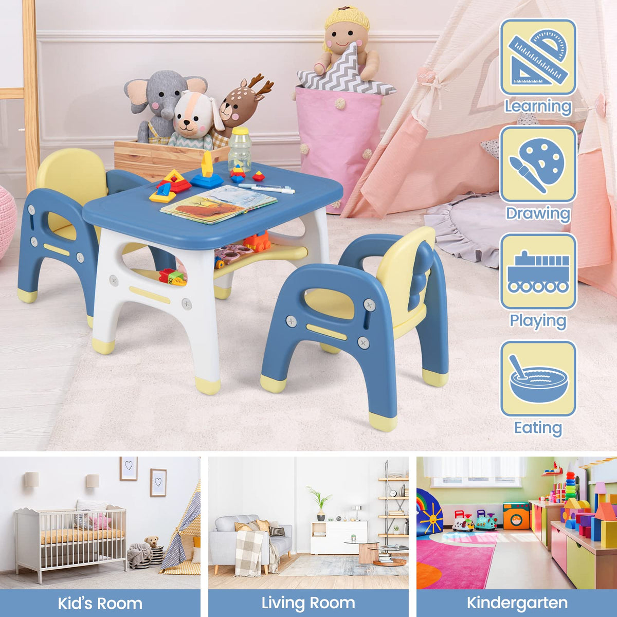 Kids Table and Chairs Set, 3-Piece Activity Table Set for Children w/Curved Storage Shelf for Arts