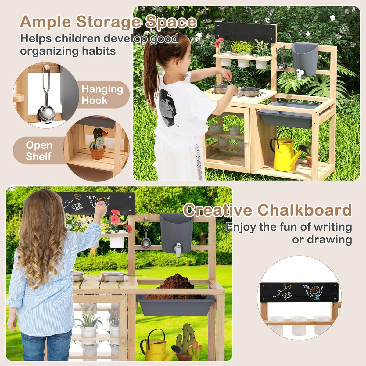 Kids Pretend Play Kitchen Toy Set with Removable Sink, Faucet, Dual Stoves