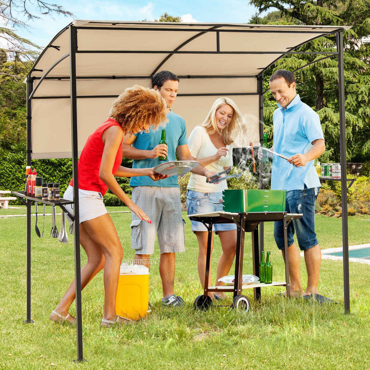 Patio Barbecue Canopy with Serving Shelf and Storage Hooks for Garden