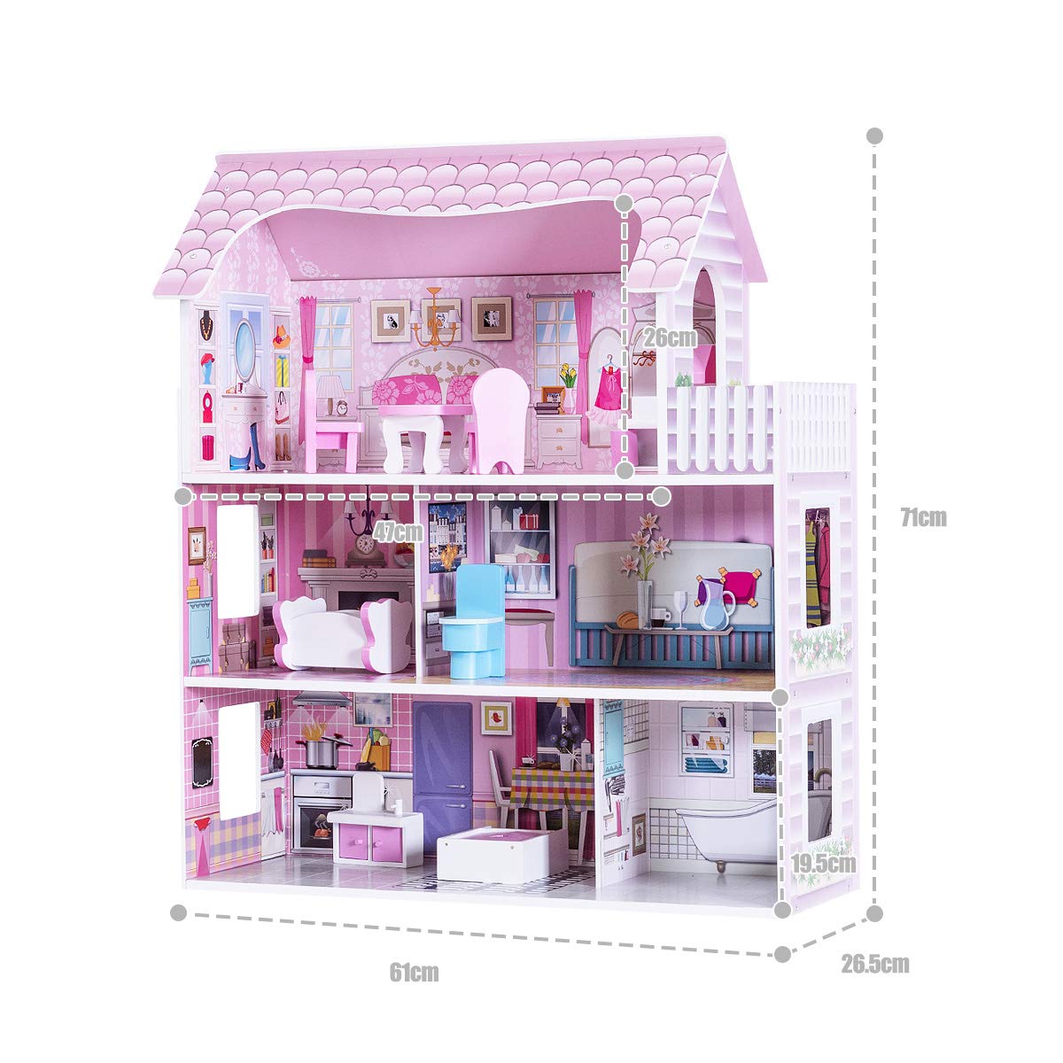 Pretend Play Kids Doll’s House w/3 Floors & 5 Rooms, Princess Mini Toy House Furniture Playset