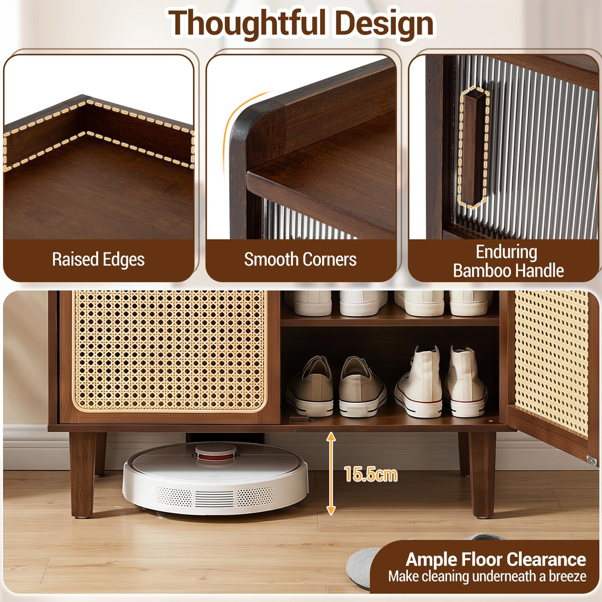 Bamboo Shoe Cabinet with Woven Rattan Doors for Entryway