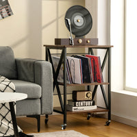 Giantex 3-Tier End Table, Rolling Turntable Stand, Rustic Vinyl Record Storage Holder w/ 3 Dividers for Albums