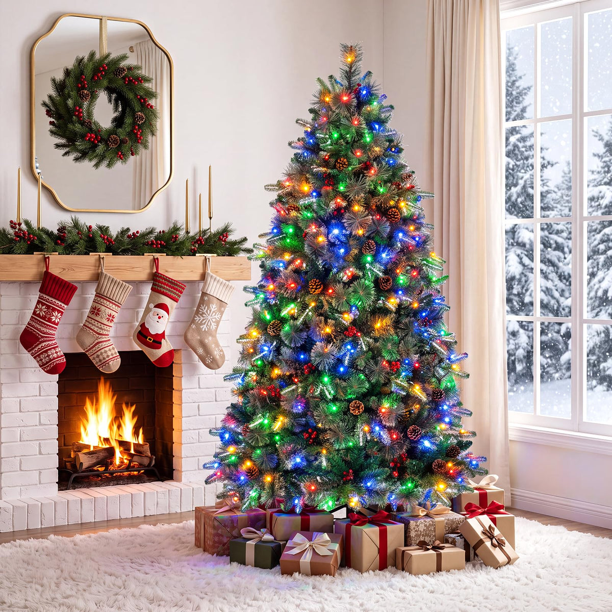 180cm Balsam Fir Christmas Tree Pre-Lit Hinged with Pine Cones and Berries
