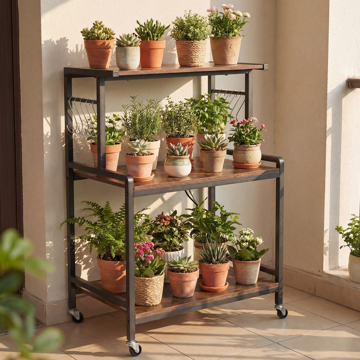 3-Tier Kitchen Rolling Cart with Power Outlets 10 S-Shaped Hooks