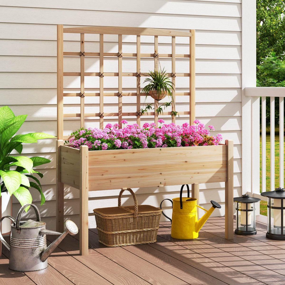 Raised Garden Bed with Lattice Trellis and Drainage Holes