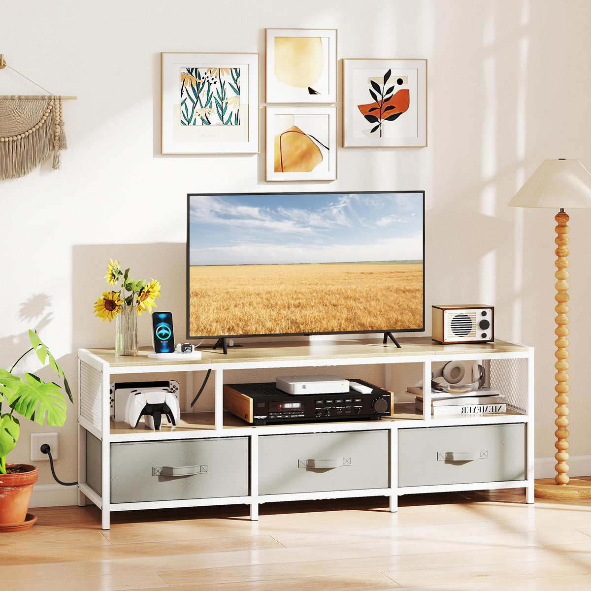 3-Tier Media Entertain Center with Power Outlets USB Charging